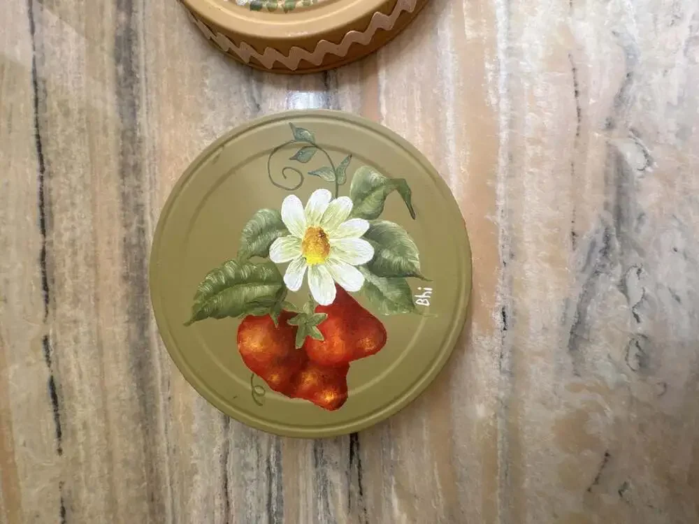 Vintage Hand-Painted Metal Lids with Floral and Strawberry with Rickrack Trim